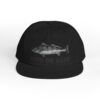 Black snapback hat with fish graphic and text.