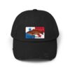 Black baseball cap with a colorful patch showing an eagle and flags.