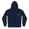 A navy blue zip-up hoodie with a front pocket and brown logo patch.