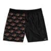 Black shorts with a red and black graphic pattern on one side.