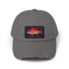 Gray baseball cap with a red fish patch.