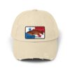 Beige baseball cap with a Texas-themed patch and distressed edges.