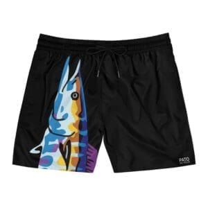 Black shorts with colorful abstract design on one side.