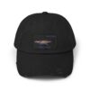 Black baseball cap with a mountain and sunset graphic.