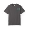 Dark gray T-shirt with a small colorful graphic on the chest pocket area.