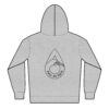 A gray hoodie with a circular water drop logo on the back.