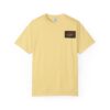A yellow T-shirt with a small rectangular logo on the chest pocket area.