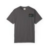 A dark gray T-shirt with a small colorful graphic on the chest pocket area.