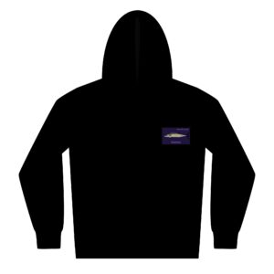 Black hoodie with a small patch on the chest.