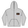 Gray zip-up hoodie with kangaroo pocket and small logo patch.