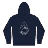 A navy blue hoodie with a white graphic design on the back.