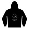 Black hoodie with a white geometric eye design on the chest.