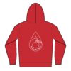 Red hoodie with a white circular logo on the back.