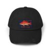Black baseball cap with a colorful fish patch.