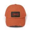 Orange baseball cap with a rectangular patch.