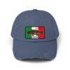Blue baseball cap with a Mexican flag patch.