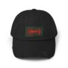 Black distressed baseball cap with a red and green rectangular logo patch.