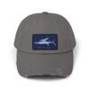 Gray baseball cap with a blue shark patch on the front.