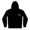 Black hoodie with a small logo on the chest.