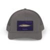 Gray baseball cap with a rectangular patch featuring a submarine design.