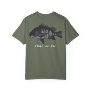 Green T-shirt with a black fish graphic and white text.