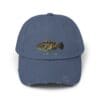 Blue baseball cap with a fish graphic and text.