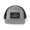 Gray and black mesh cap with a colorful fish patch on the front.