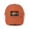 Rust-colored cap with a vintage-style patch on the front.