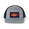 Gray and black baseball cap with a red fish patch on the front.