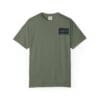 Olive green t-shirt with a small black patch on the chest.