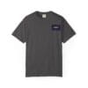 Dark gray t-shirt with a small navy blue patch on the left chest.
