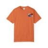Orange t-shirt with a small graphic on the chest.