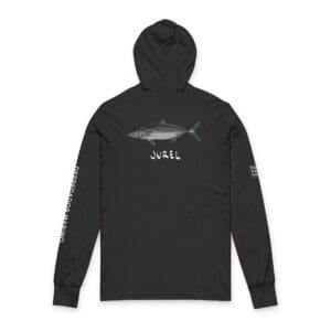 Black hoodie with a sleek white graphic on the chest.