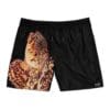 Black shorts with a large leopard print design on one side.