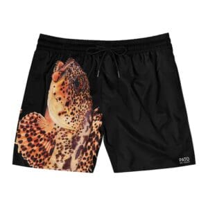 Black shorts with a large leopard print design on one side.
