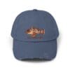 Blue baseball cap with an embroidered brown fish design.