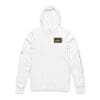 White hoodie with a small rectangular graphic on the chest.