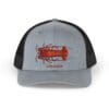Gray and black mesh trucker hat with a red and white embroidered logo.