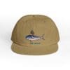 Beige cap with a fish and text embroidered on the front.