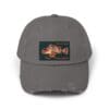 Gray distressed baseball cap with a colorful rectangular patch design on the front.