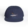 Navy blue baseball cap with a marlin fish embroidered in multiple colors.