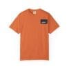 Orange crewneck T-shirt with a small black rectangular patch on the chest.