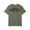 Olive green T-shirt featuring a detailed fish graphic on the back.