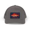 Gray baseball cap with a colorful fish patch on the front.