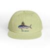 Light green cap with a fish and text design.
