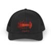 Black baseball cap with red text design on the front.