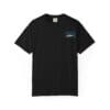 Black t-shirt with a small blue and white logo on the chest.