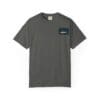 Gray t-shirt with a small black patch on the chest.