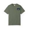 Olive green T-shirt with a small black patch on the chest.