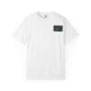 White T-shirt with a black pocket featuring a red and white design.